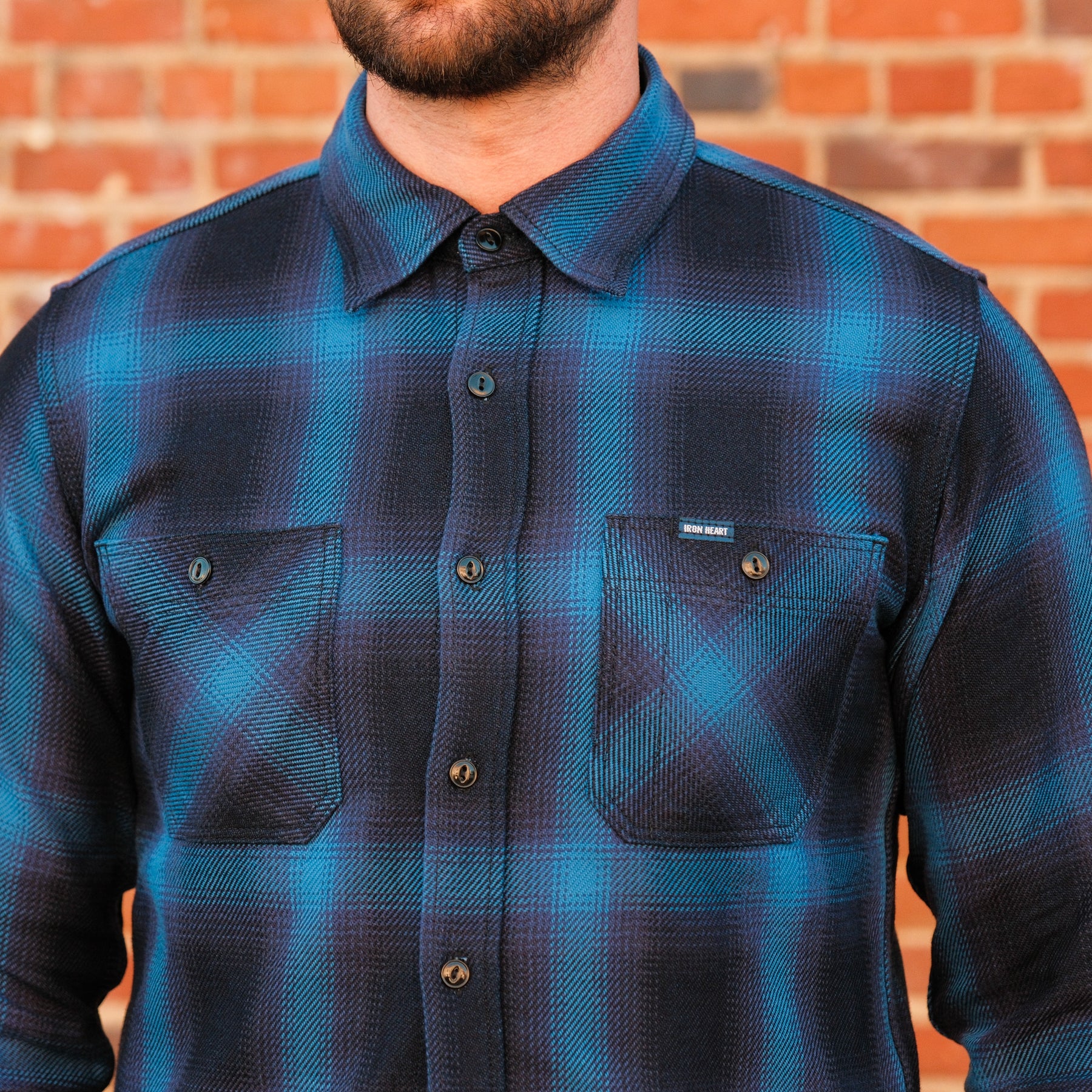 Iron Heart IHSH-349-IND 9oz Selvedge Ombré Check Work Shirt Indigo