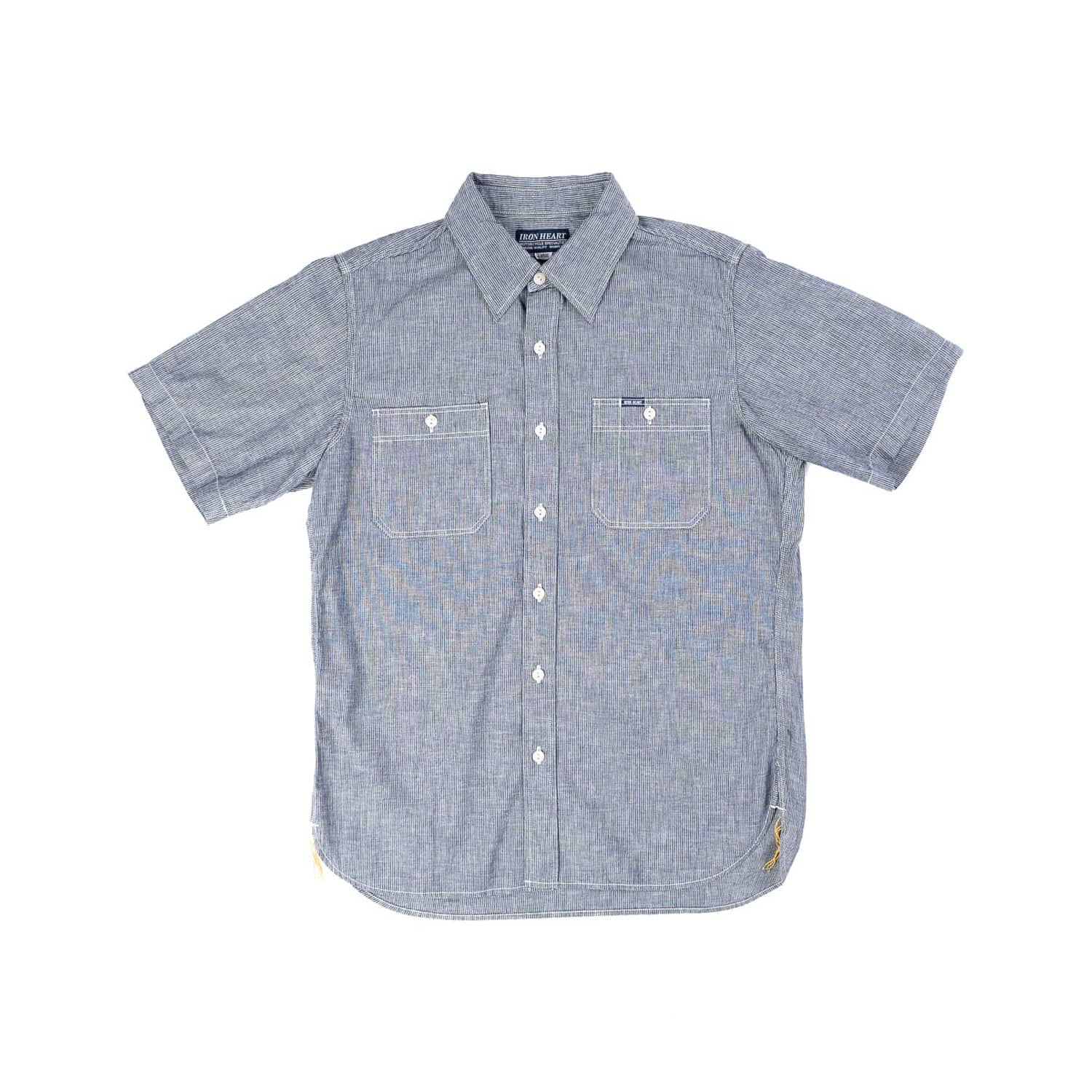Iron Heart IHSH-285-PIN 5.5oz Selvedge Pinstripe Chambray Short Sleeve Work Shirt Indigo