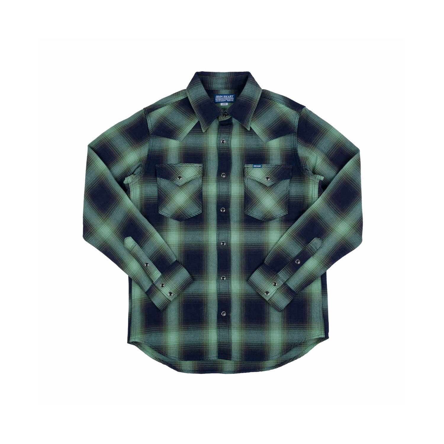 Iron Heart IHSH-348-GRN 9oz Selvedge Ombré Check Western Shirt Green