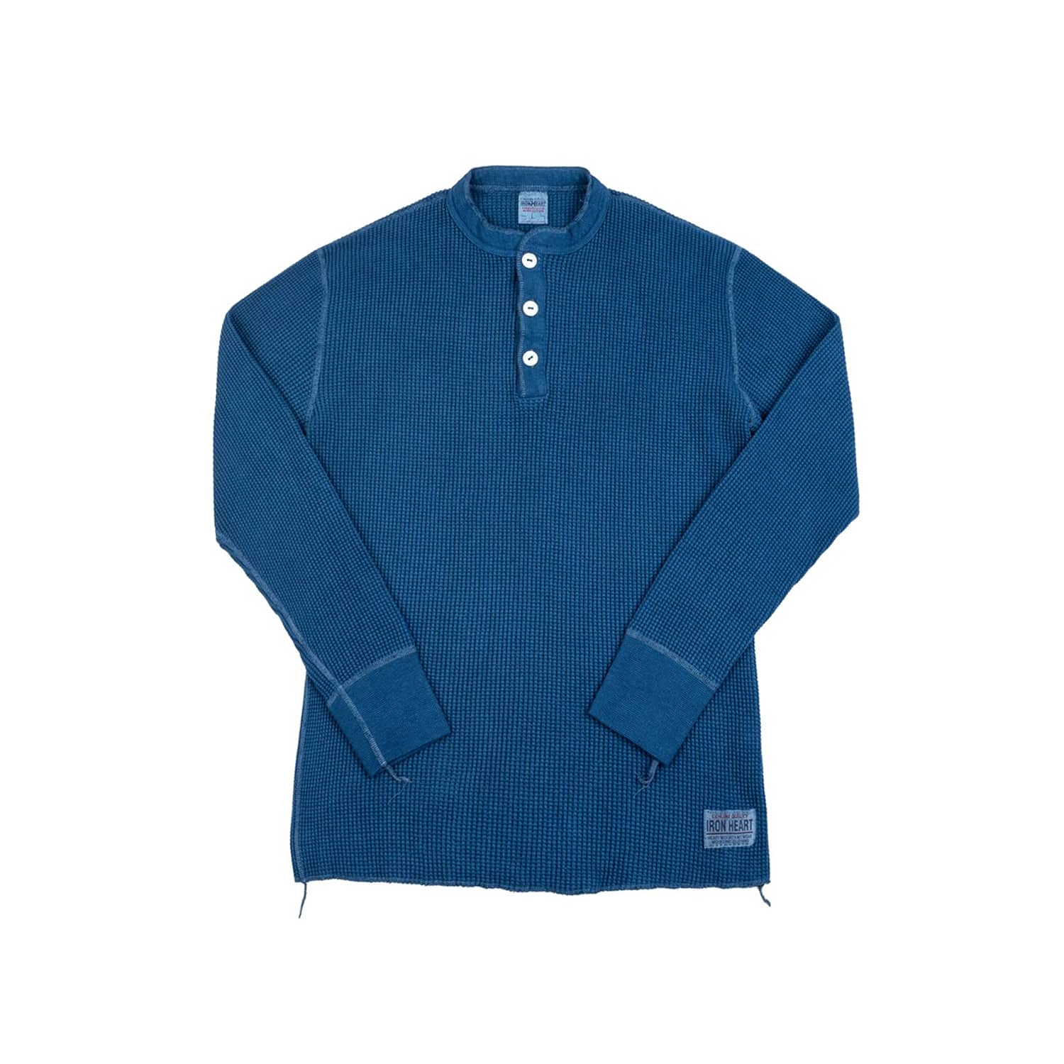Iron Heart IHTL-1213-IND Waffle Knit Long Sleeved Thermal Henley Indigo Dyed