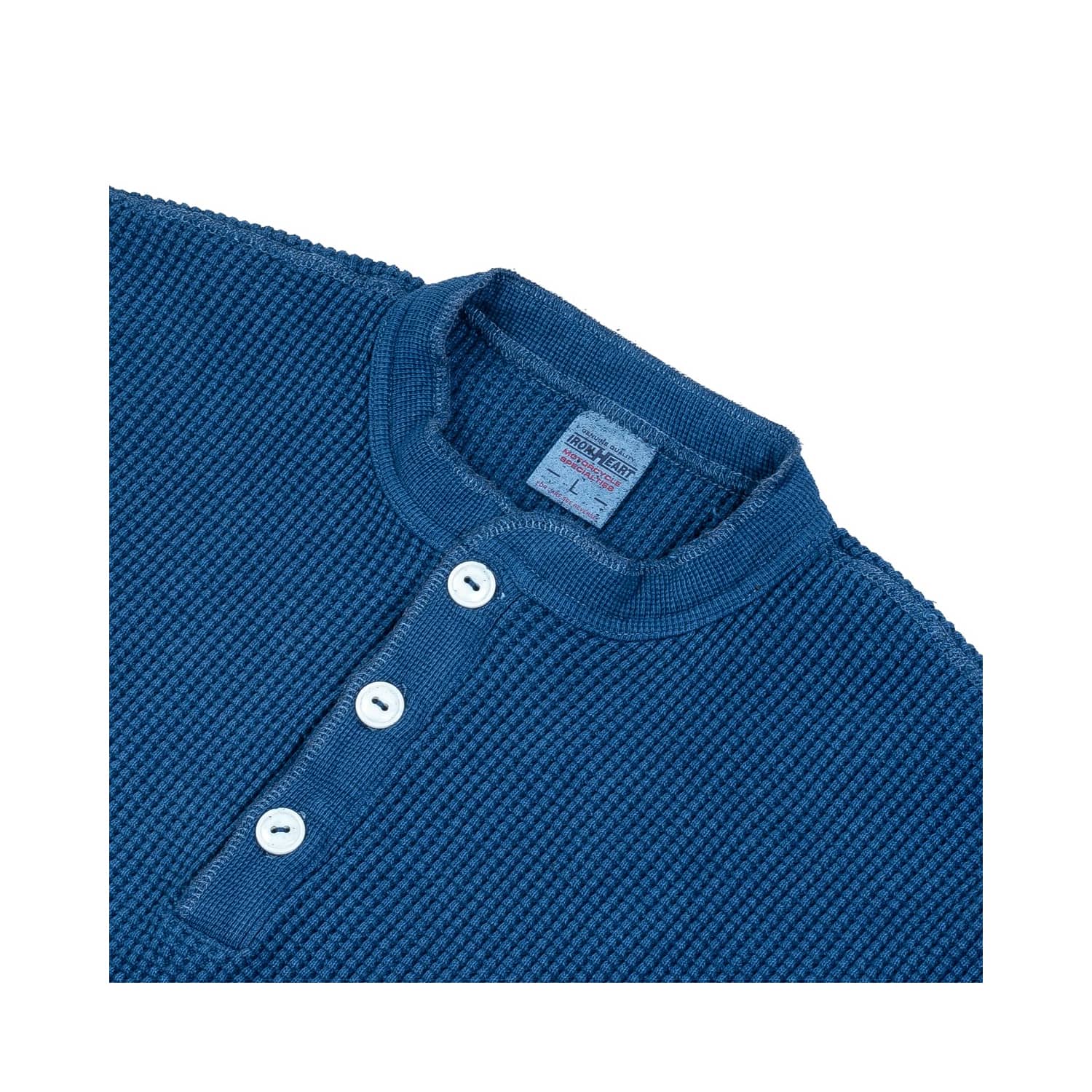 Iron Heart IHTL-1213-IND Waffle Knit Long Sleeved Thermal Henley Indigo Dyed