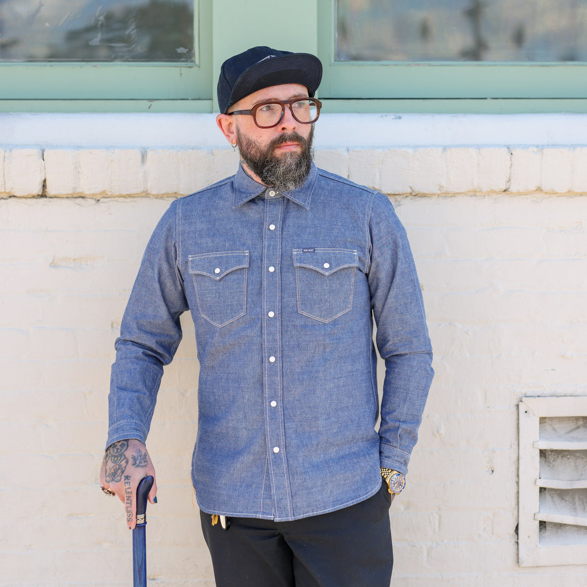 Iron Heart IHSH-13-BLU Selvedge Chambray Western Shirt Blue FINAL SALE
