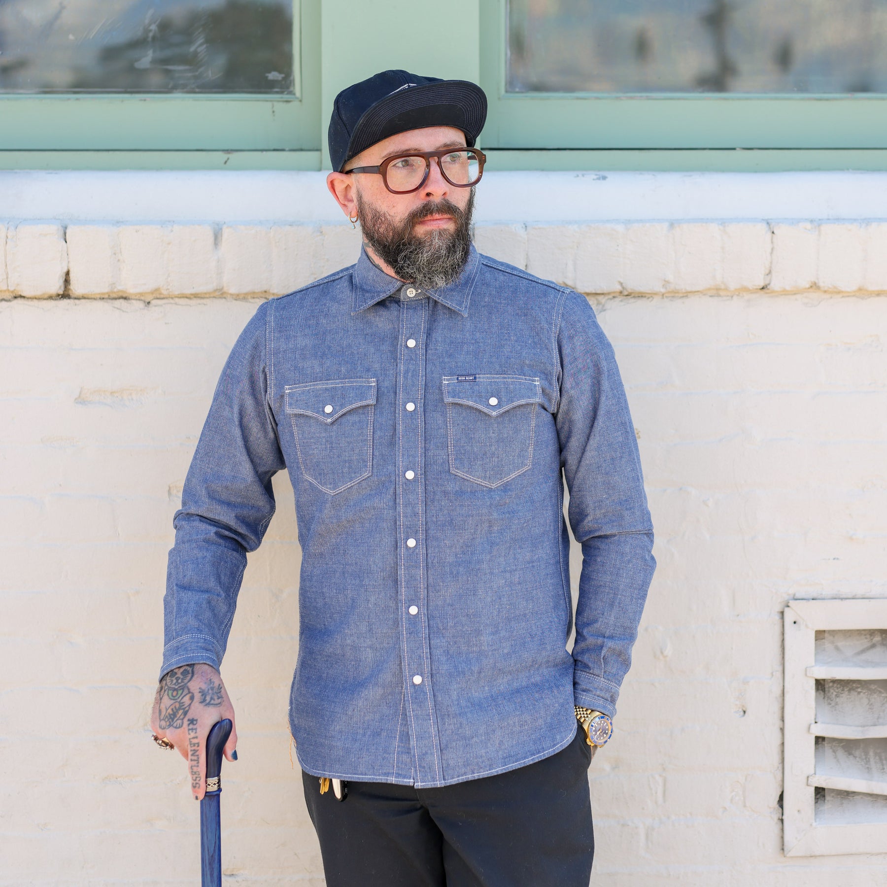 Iron Heart IHSH-13-BLU Selvedge Chambray Western Shirt Blue