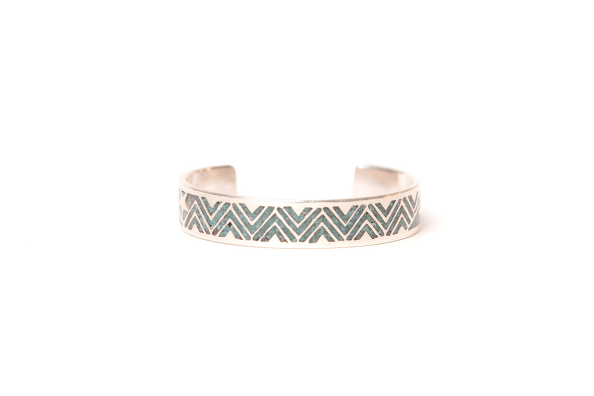 Mt. Hill Silver Chipped Inlaid Turquoise Thunderbolt Cuff