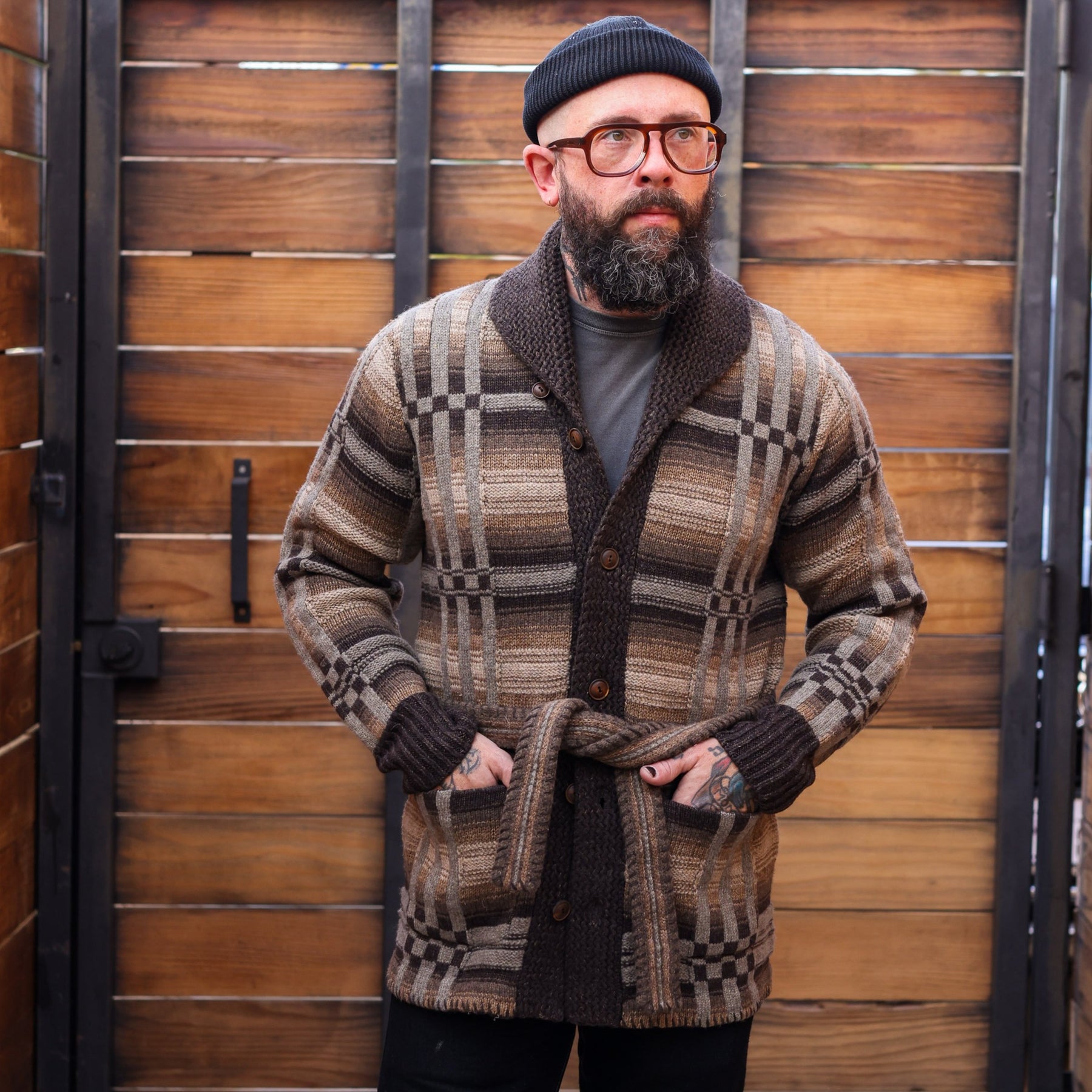 RRL Wool Blend Belted Cardigan Brown Multi