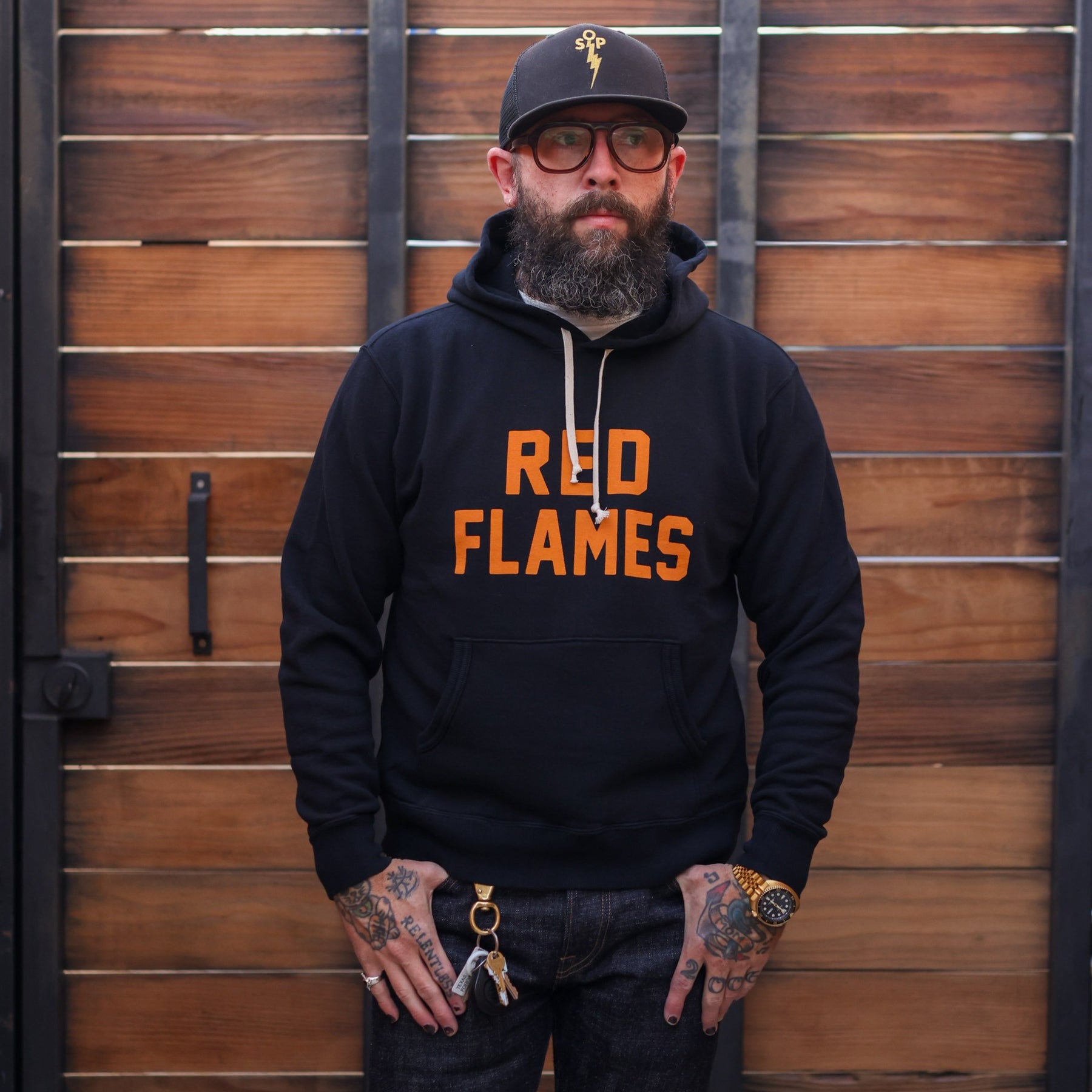 The Flat Head FN-SWP-202 Red Flames Hooded Sweatshirt Black
