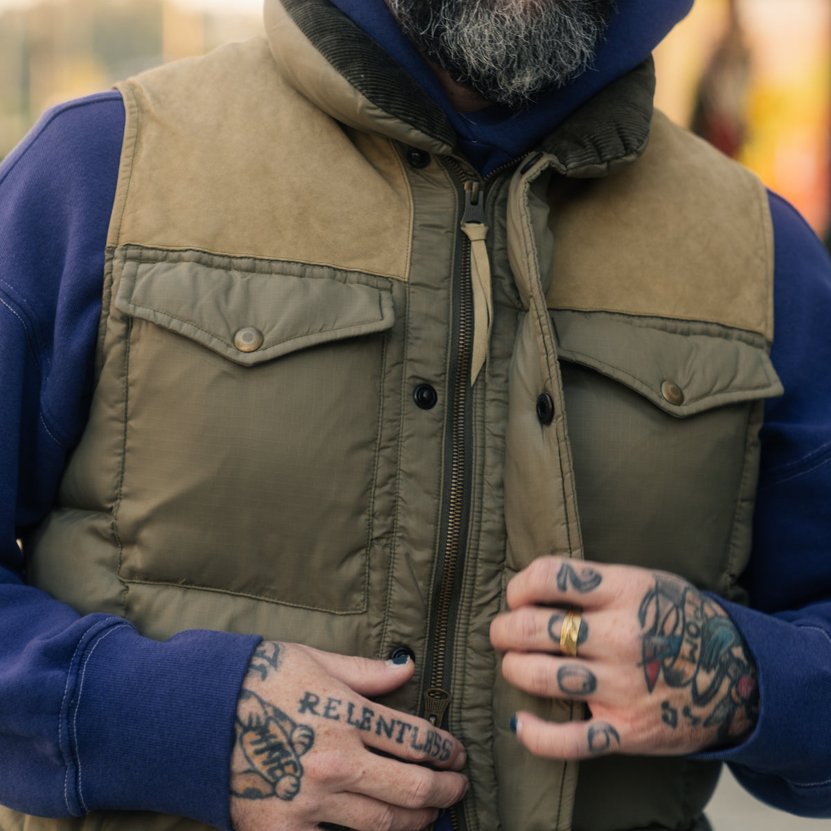 RRL Nylon/ Leather Ripstop Vest Vintage Olive