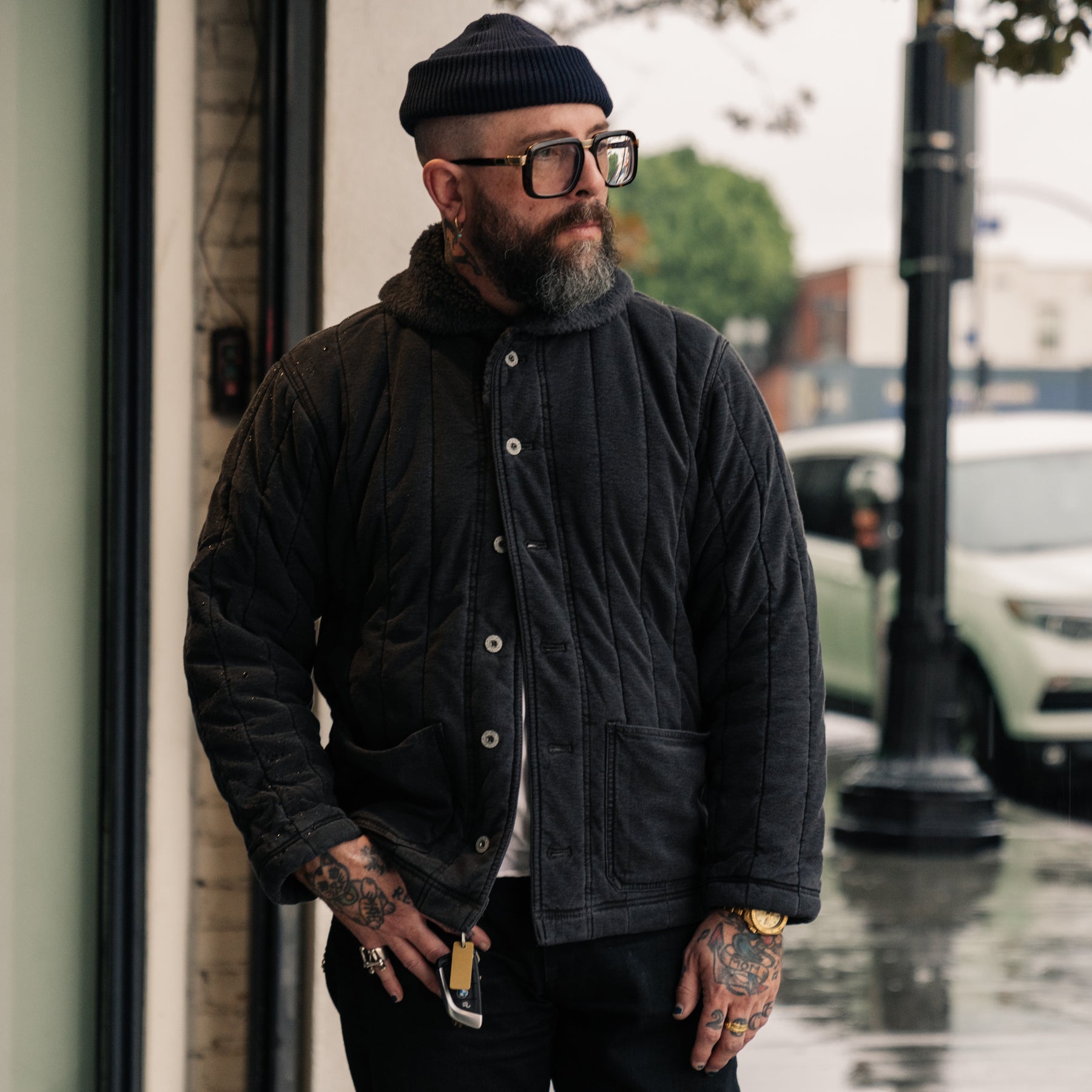 RRL Fleece-Collar Quilted Jersey Jacket Faded Black