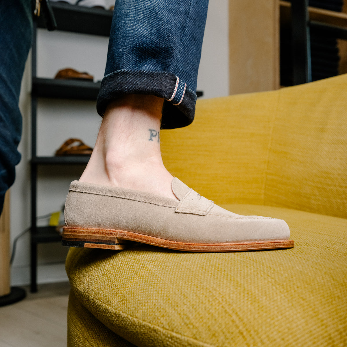 Alden x Snake Oil Provisions Unlined Penny Loafer Milkshake Suede