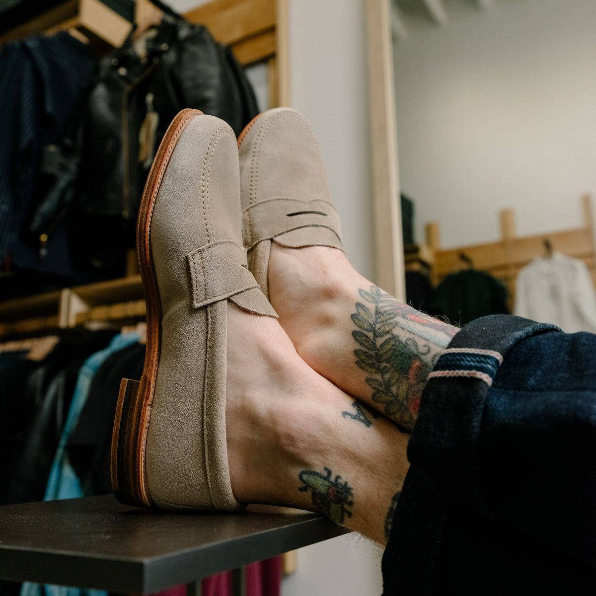 Alden x Snake Oil Provisions Unlined Penny Loafer Milkshake Suede
