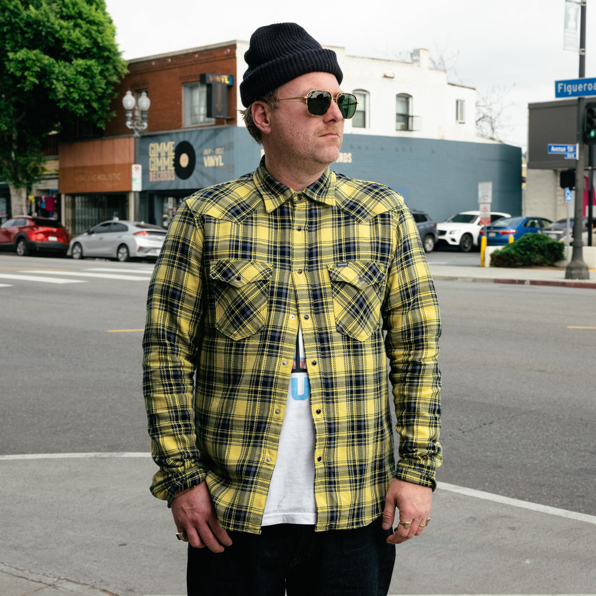 Iron Heart IHSH-411-YEL 9oz Selvedge Indigo Check Flannel Western Shirt Yellow
