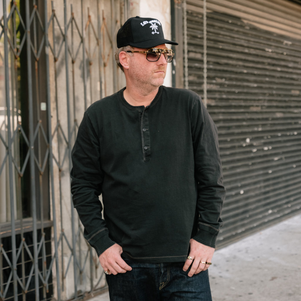 RRL Indigo Jersey Henley Shirt Sulphur Black