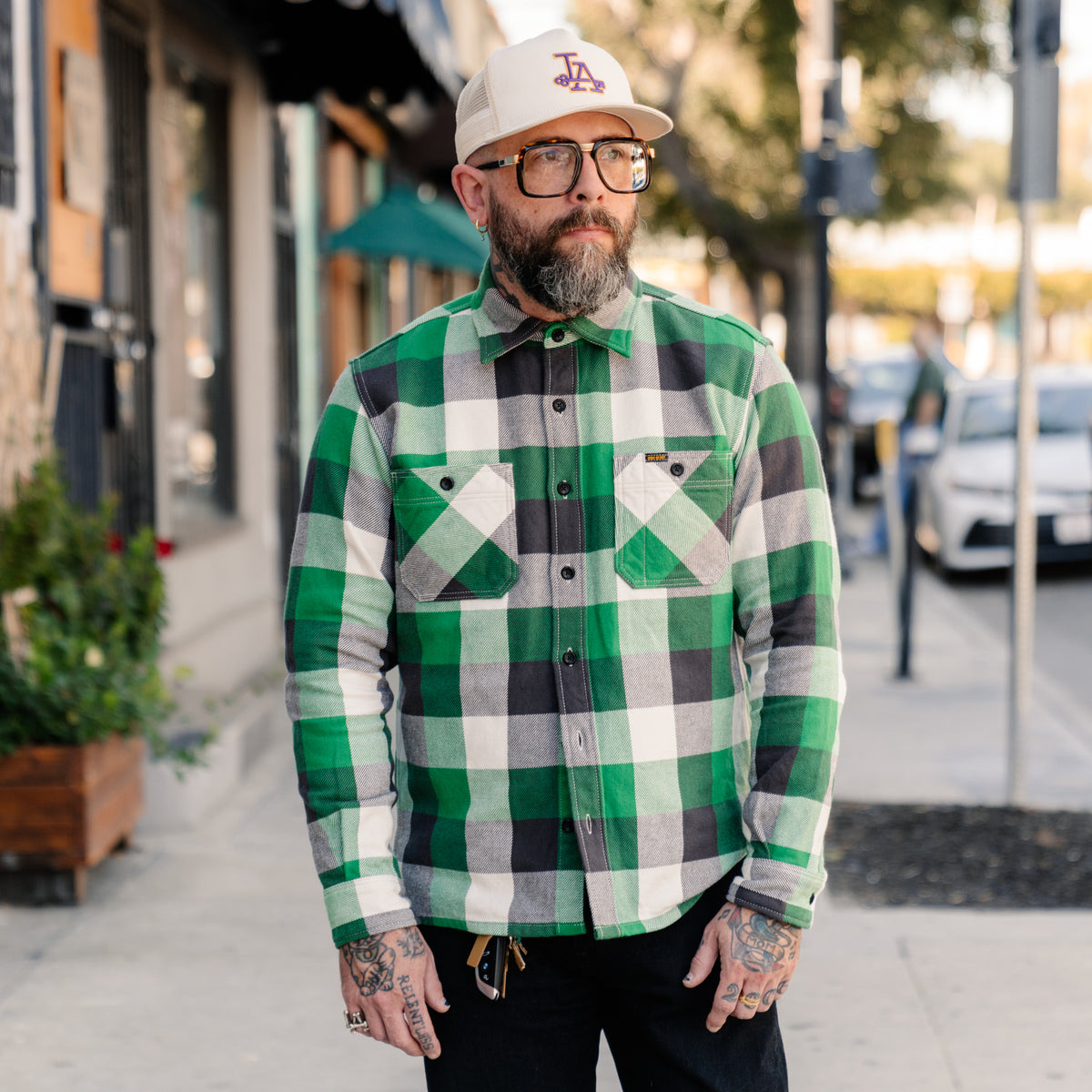 Iron Heart IHSH-428-GRN Ultra Heavy Flannel Vintage Check Work Overshirt Green