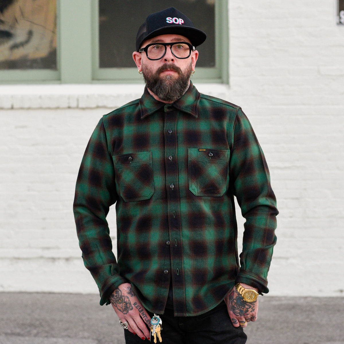 Iron Heart IHSH-379-GRN Ultra Heavy Flannel Ombré Check Work Shirt Green