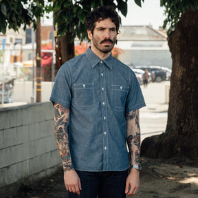 Iron Heart 285-PIN - Short Sleeved Work Shirt - 5.5oz Selvedge Pinstripe Chambray Indigo XXL