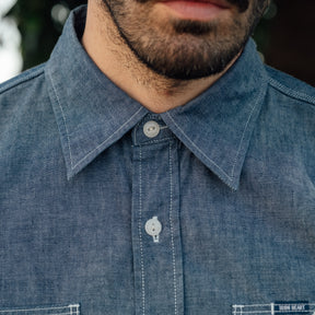 Iron Heart IHSH-285-IND 5.5oz Selvedge Chambray Short Sleeve Work Shirt Indigo
