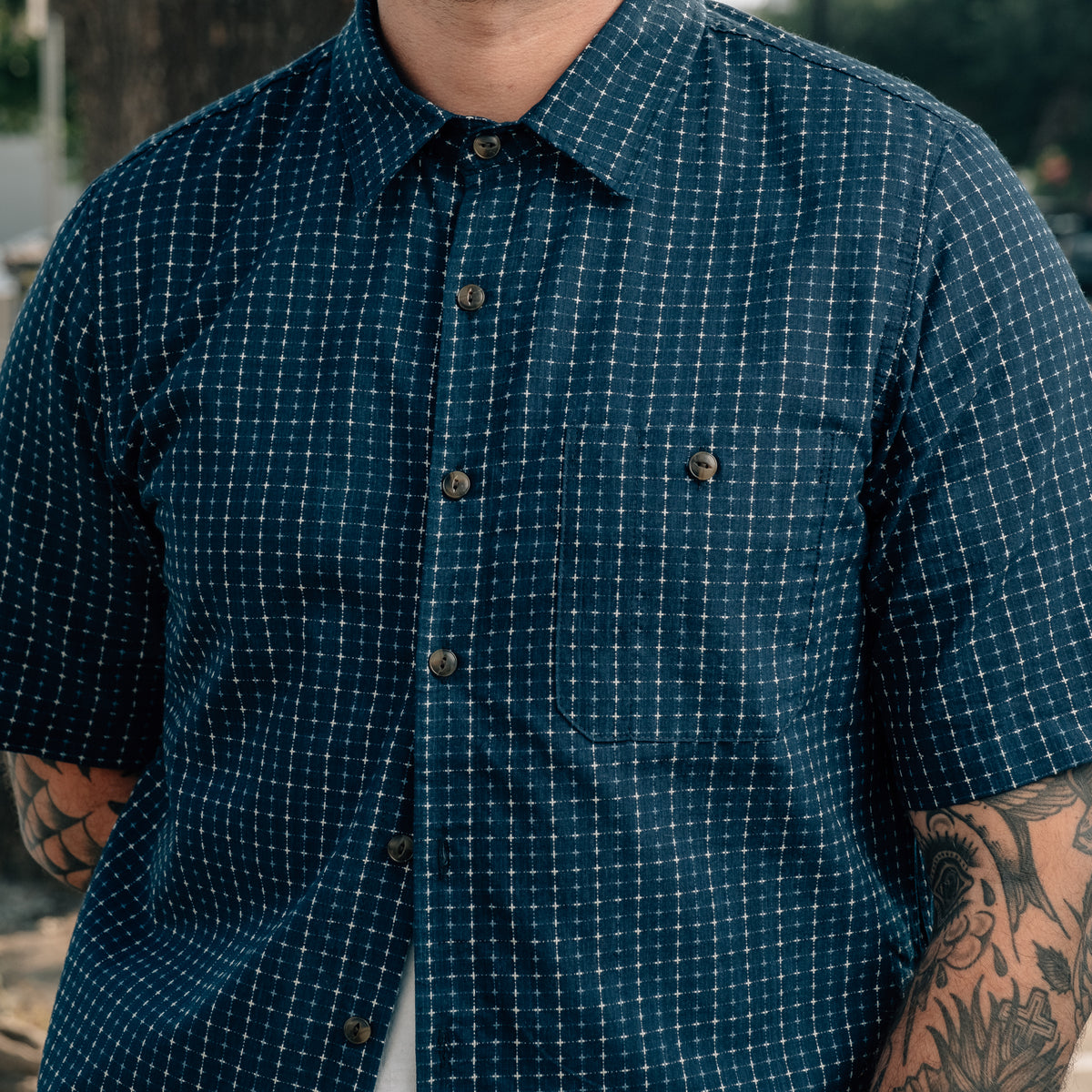 Rogue Territory Oxford Shirt Indigo Sashiko Grid FINAL SALE
