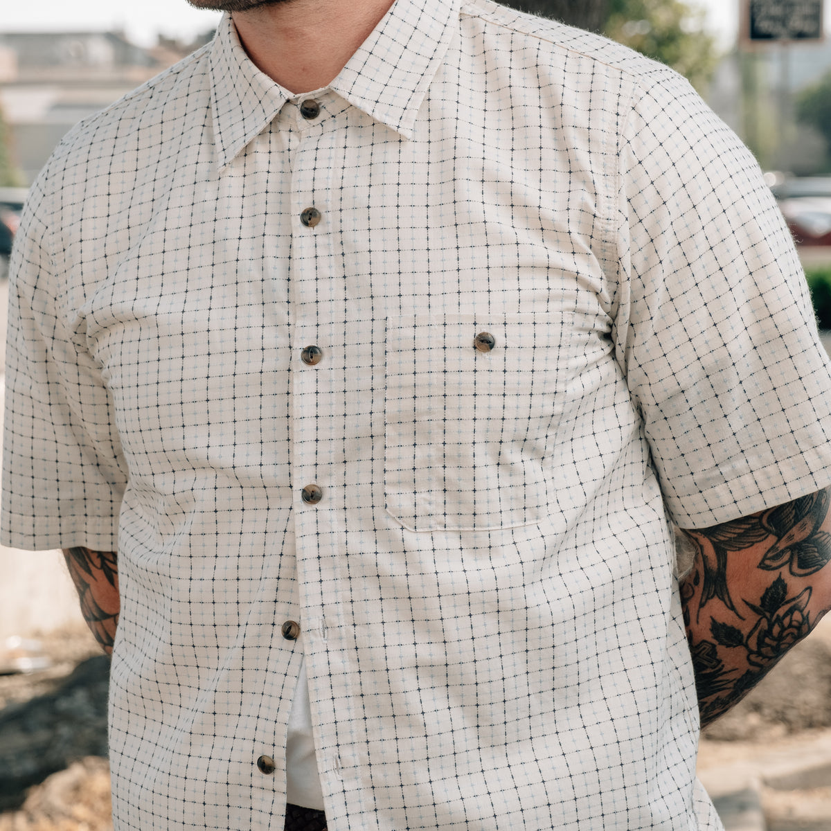 Rogue Territory Oxford Shirt Natural Sashiko Grid FINAL SALE