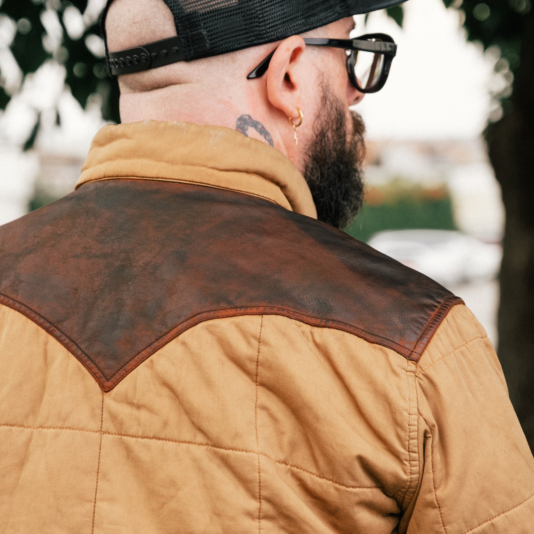 RRL Leather-Yoke Quilted Oilcloth Jacket Tan