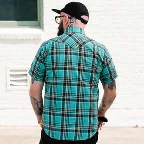 Iron Heart IHSH-359-GRN 5oz Selvedge Madras Check Short Sleeved Western Shirt Green