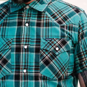 Iron Heart IHSH-359-GRN 5oz Selvedge Madras Check Short Sleeved Western Shirt Green