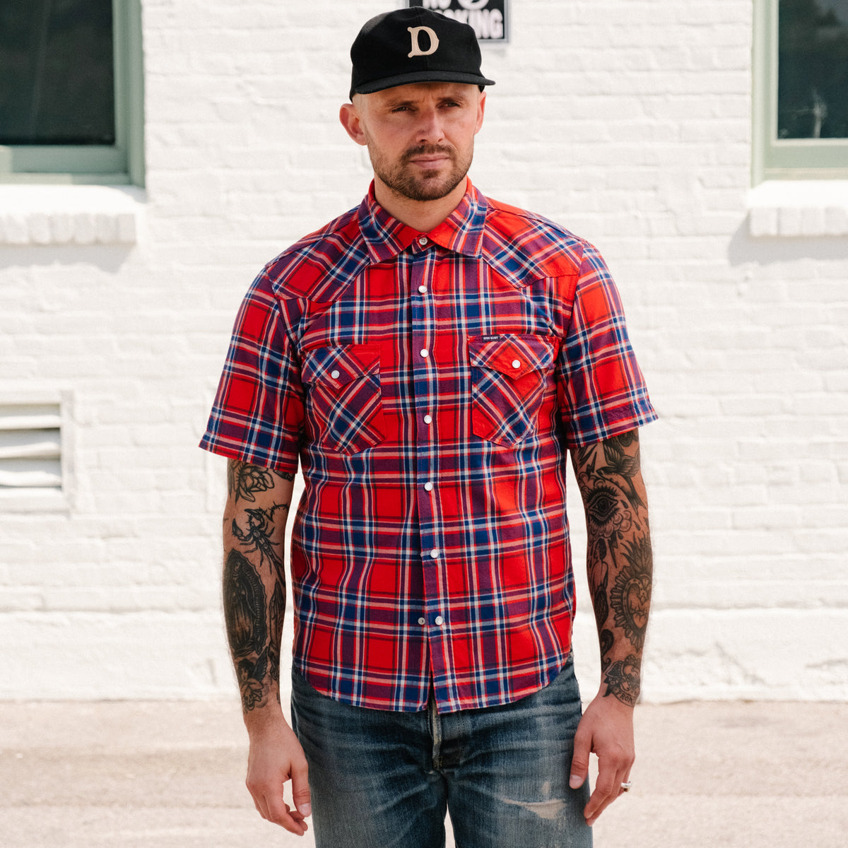 Iron Heart IHSH-359-RED 5oz Selvedge Madras Check Short Sleeved Western Shirt Red