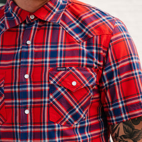 Iron Heart IHSH-359-RED 5oz Selvedge Madras Check Short Sleeved Western Shirt Red