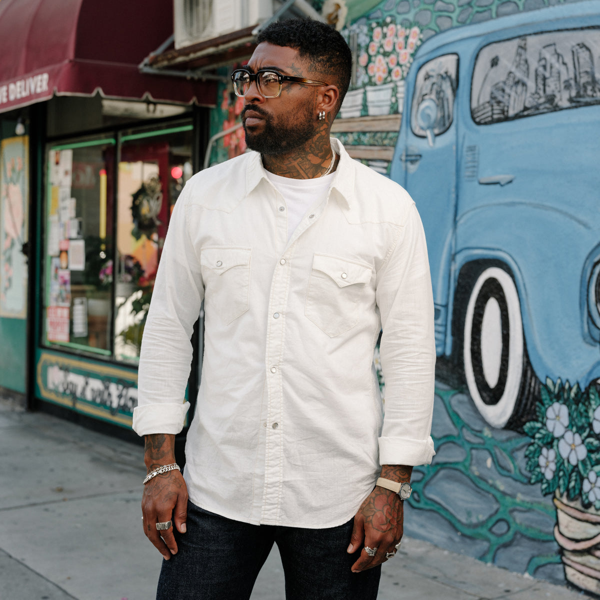 The Flat Head FN-SCW-003L Chambray Western Shirt White