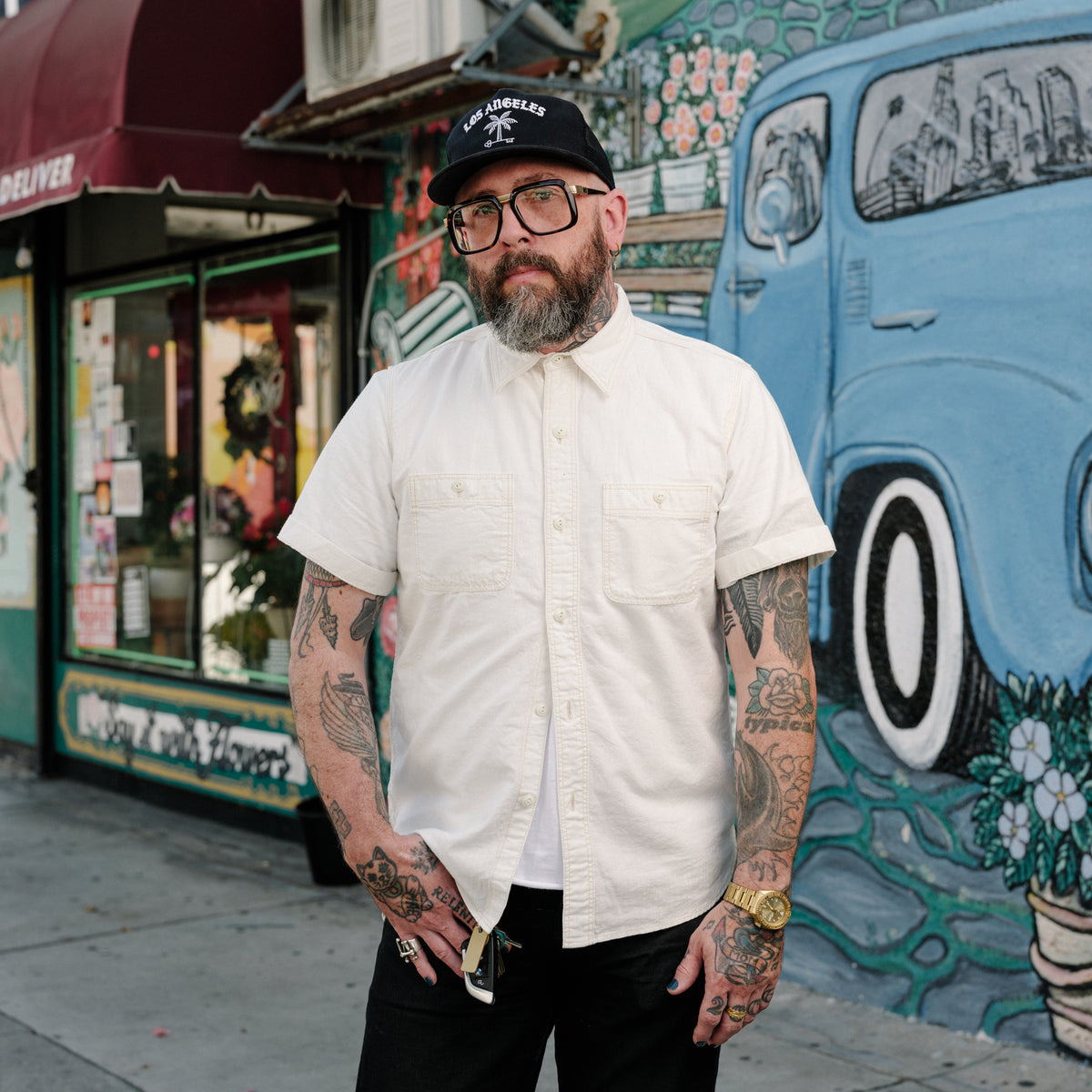 The Flat Head FN-SCK-010S Chambray Short-Sleeve Work Shirt White