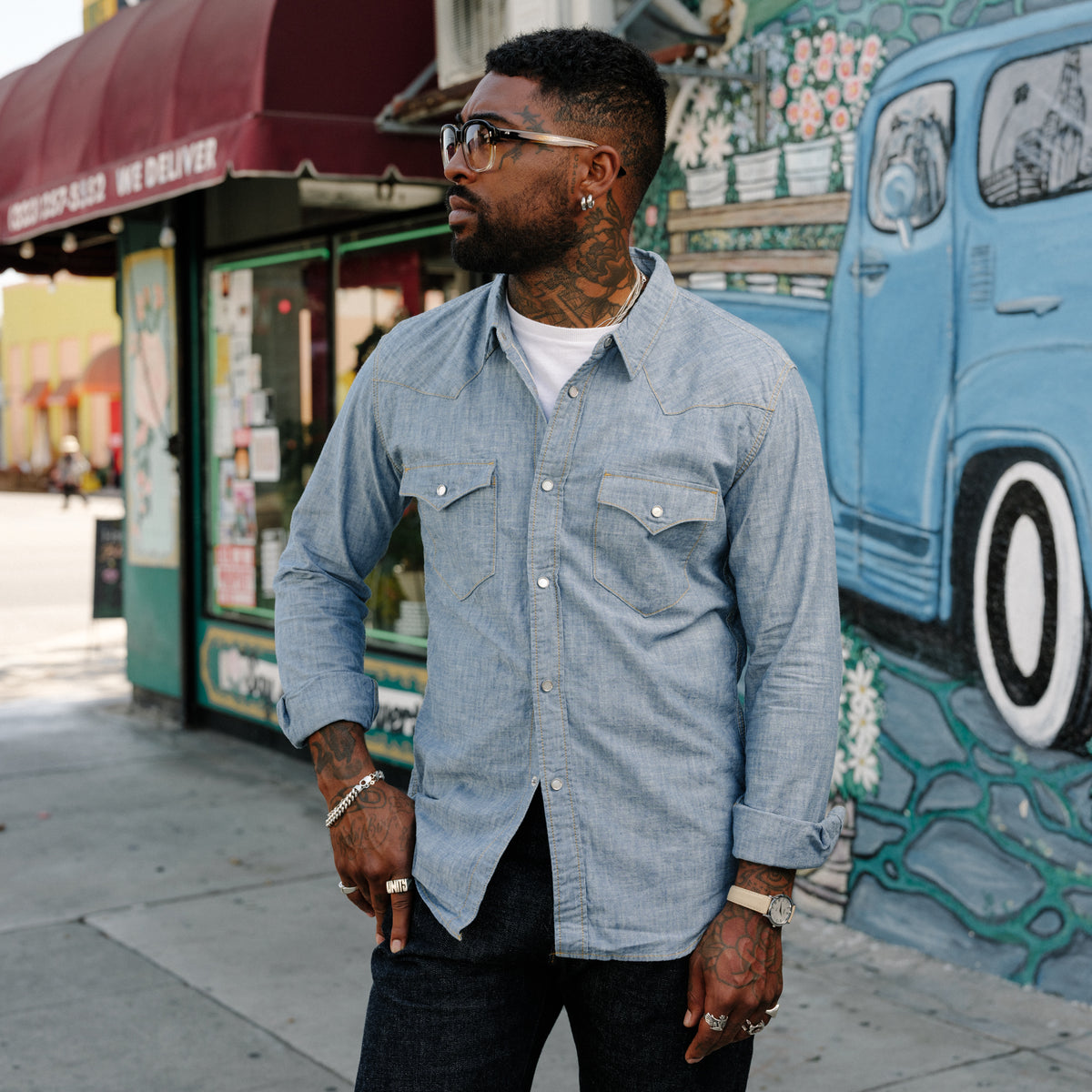 The Flat Head FN-SCW-003L Chambray Western Shirt Blue