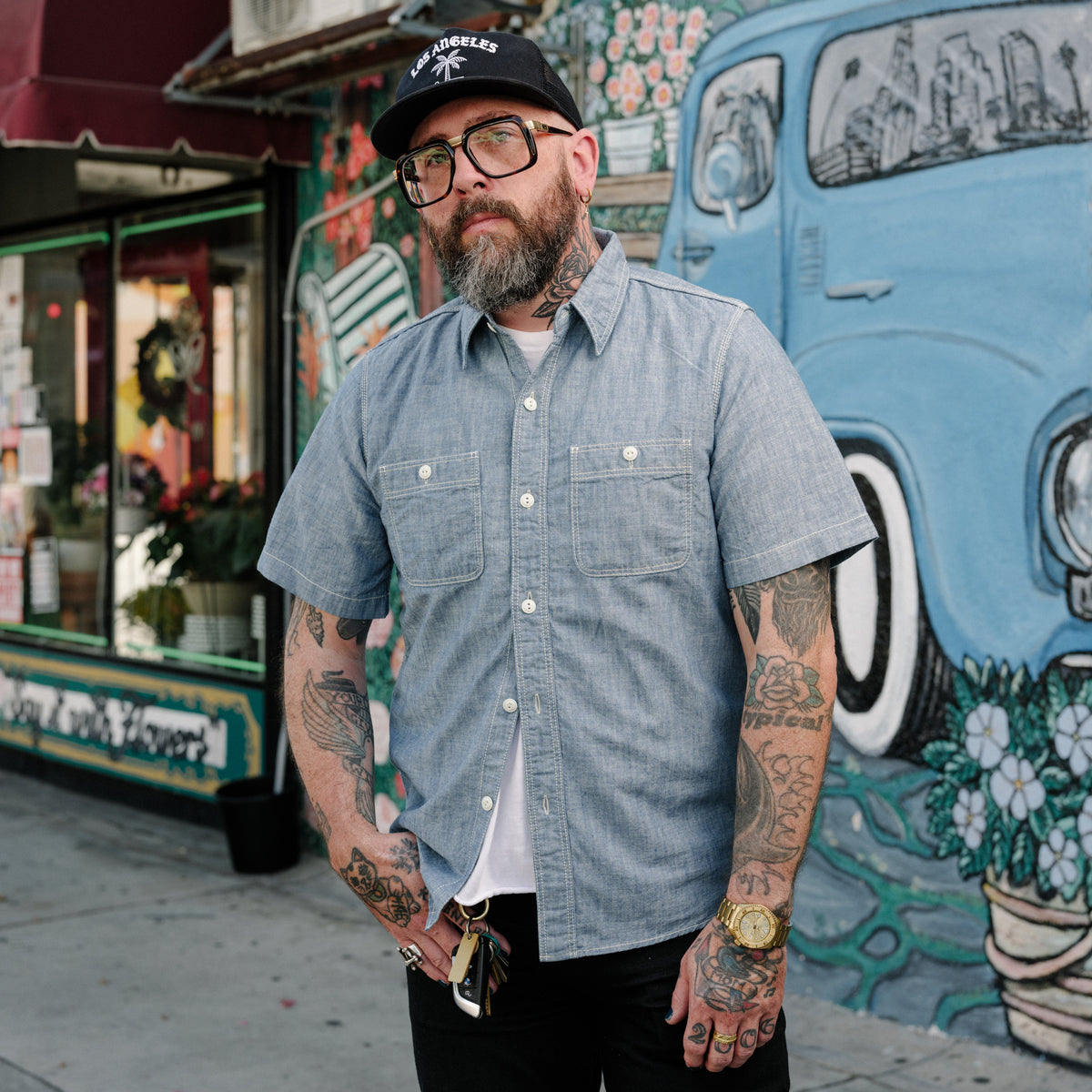 The Flat Head FN-SCK-010S Chambray Short Sleeve Work Shirt Blue