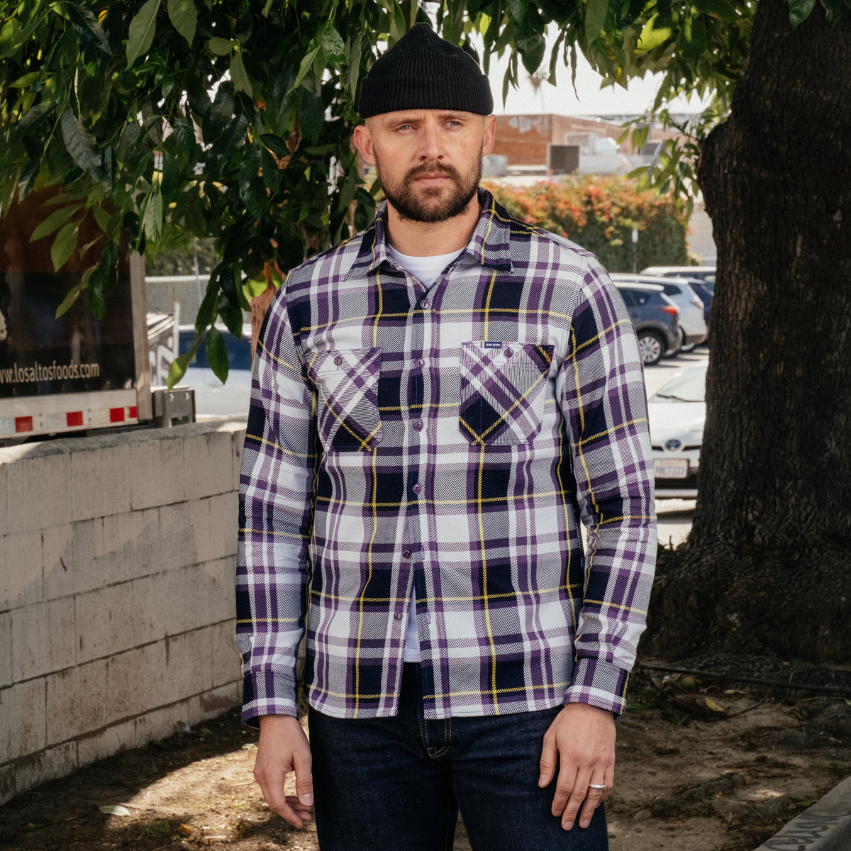 Iron Heart IHSH-382-PUR 9oz Selvedge American Check Work Shirt Purple