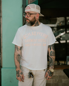 Schaeffer's Garment Hotel Cycle Varsity Tee Pink Cracked Print