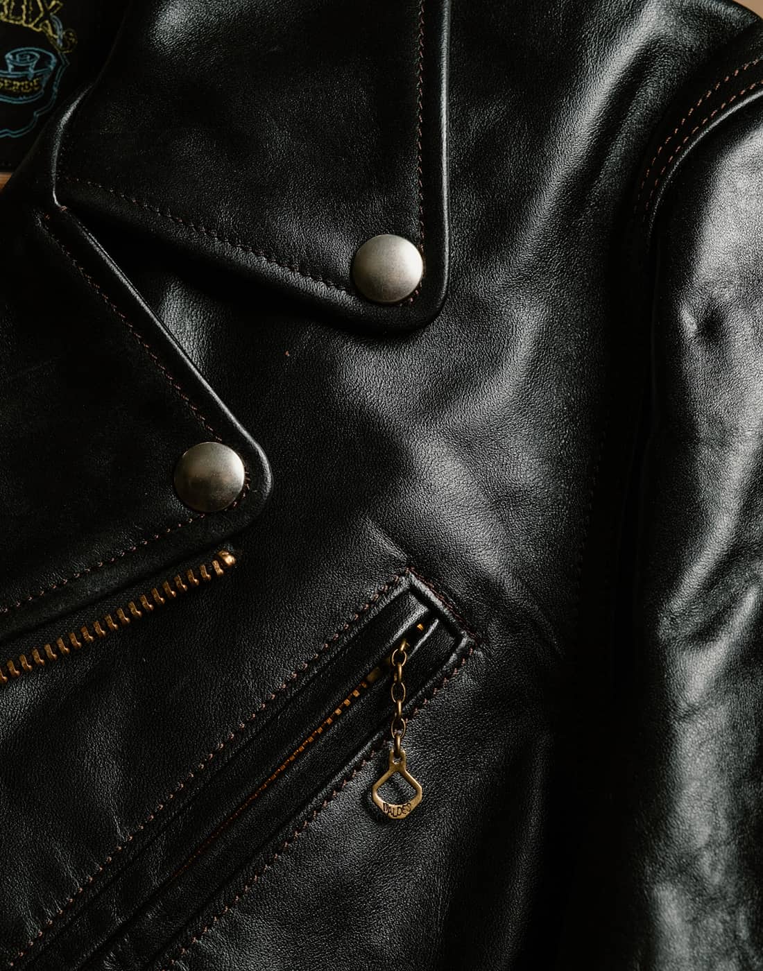 Closeup of a leather jacket showing texture and details