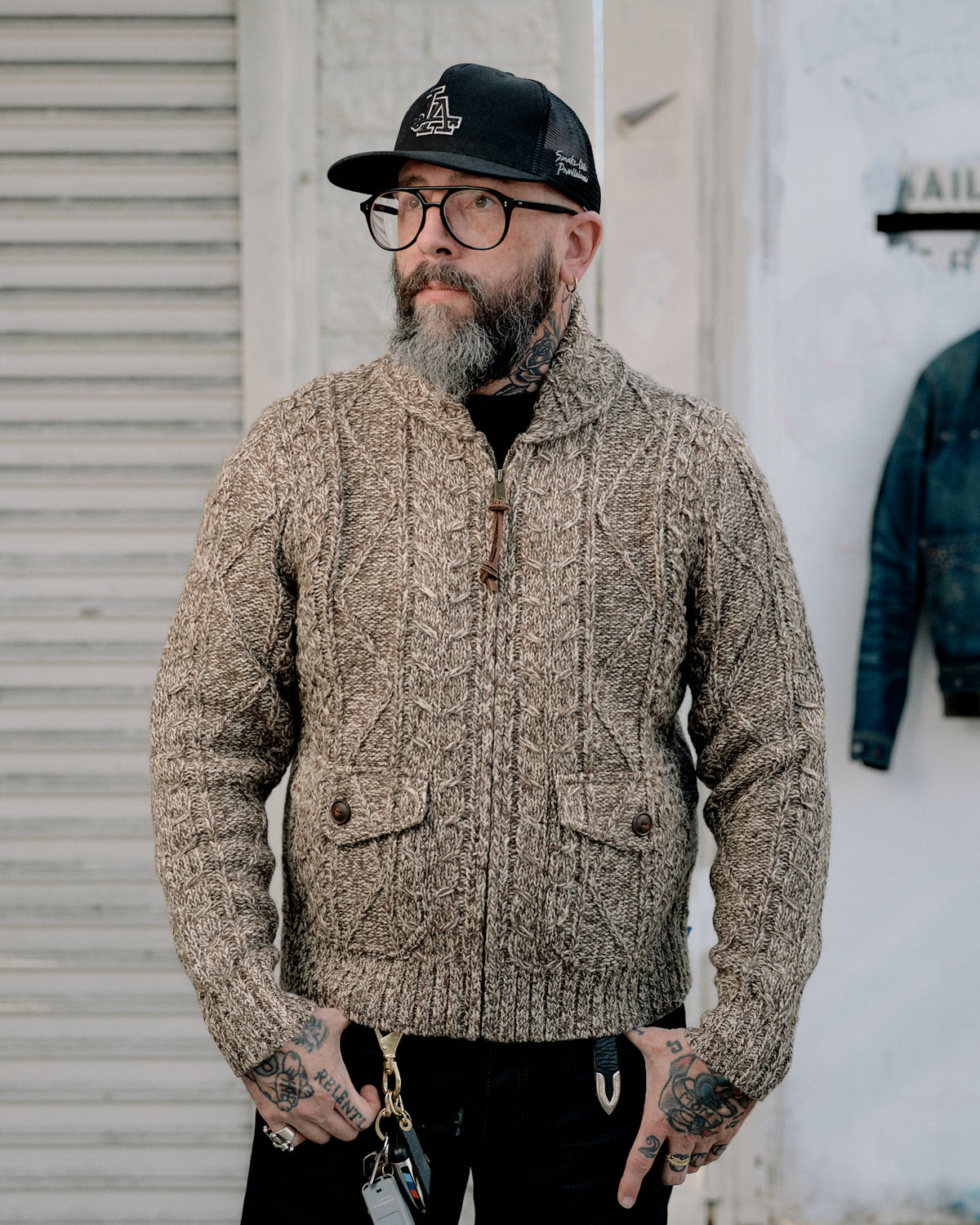 RRL Cable-Wool Full-Zip Sweater Brown/ Cream Marl