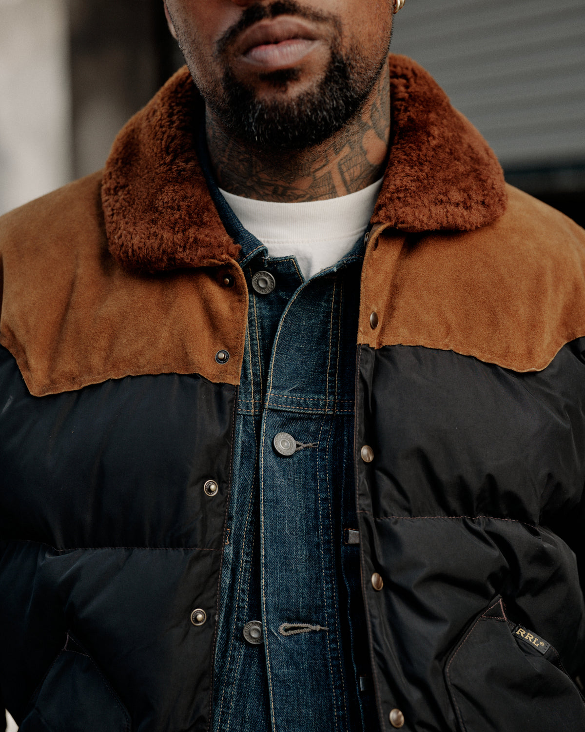 RRL Quilted Shearling-Collar Jacket Onyx