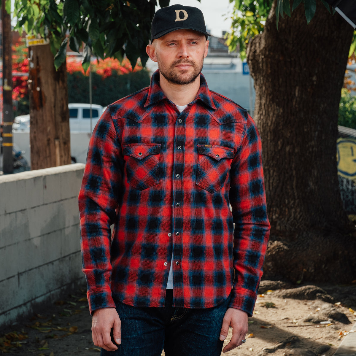 Iron Heart IHSH-373-RED Ultra Heavy Flannel Ombré Check Western Shirt Red FINAL SALE