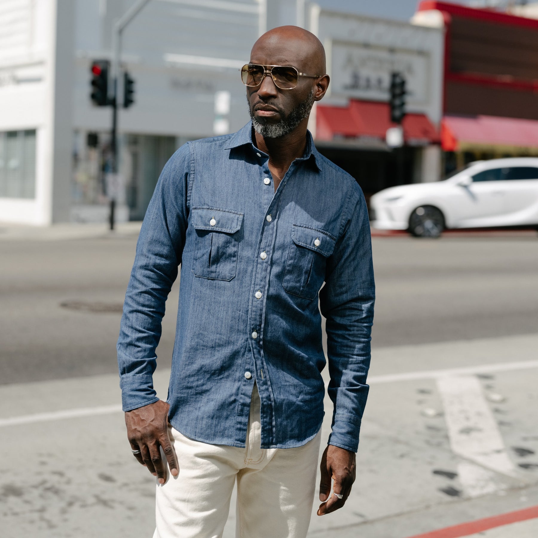 denim dress shirt Drake's Mid-Blue Washed Denim Cotton Two-Pocket Work Shirt