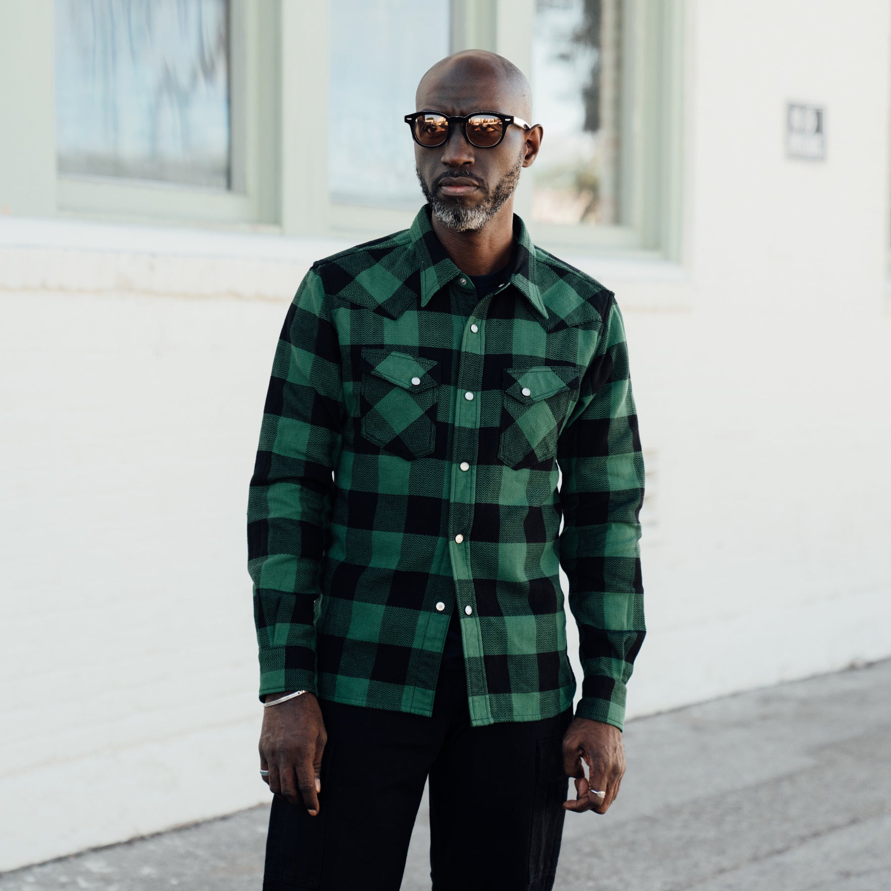 The Flat Head FN-SNW-101L Block Check Flannel Western Shirt Green x Black