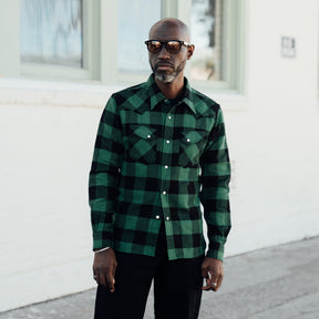 The Flat Head FN-SNW-101L Block Check Flannel Western Shirt Green x Black