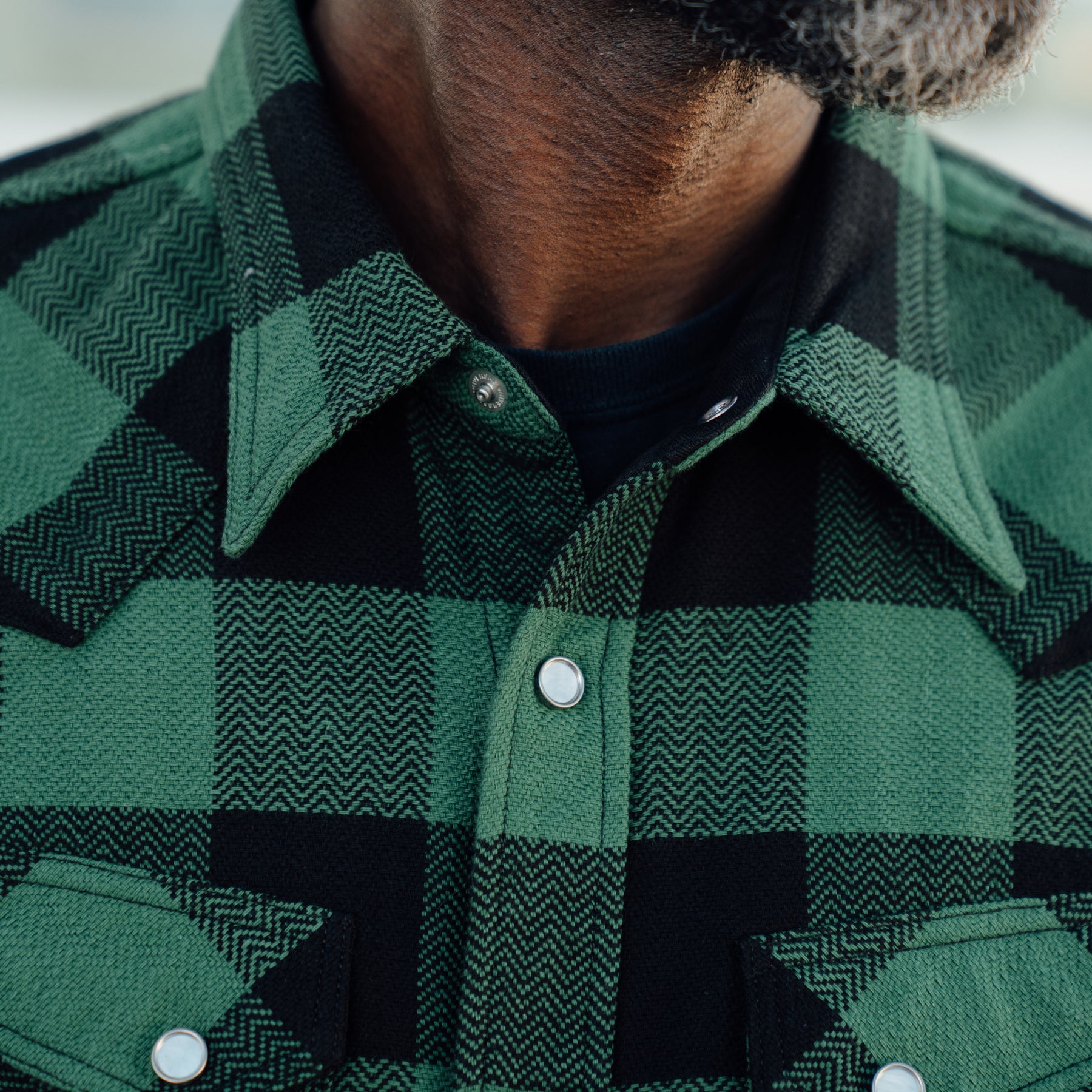 The Flat Head FN-SNW-101L Block Check Flannel Western Shirt Green x Black