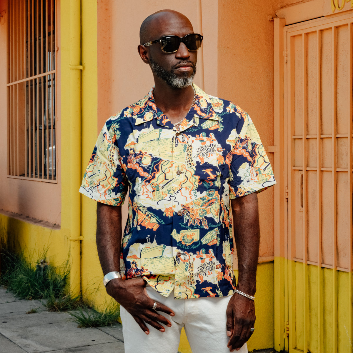 The Flat Head FN-SHO-010S Hawaiian Shirt Luxury Liner Navy