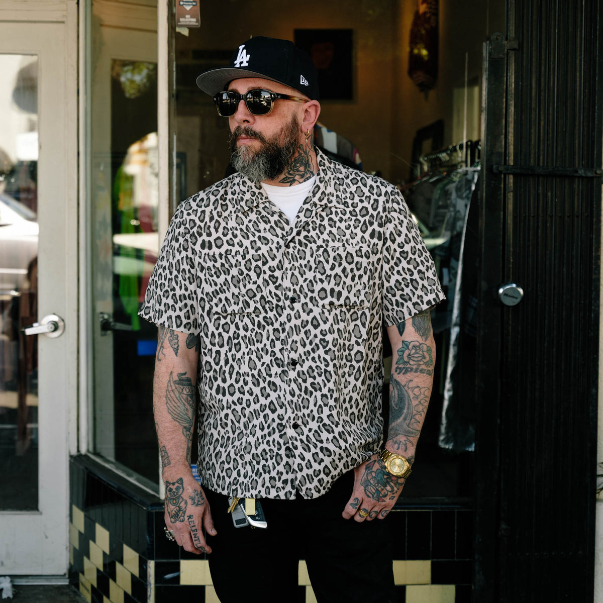 The Flat Head FN-SRO-009S Short Sleeve Leopard Shirt Off White