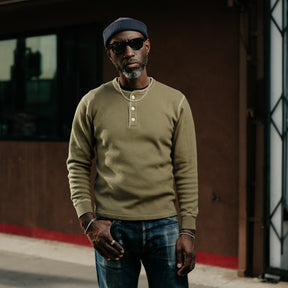 The Flat Head Henley Neck Thermal Olive