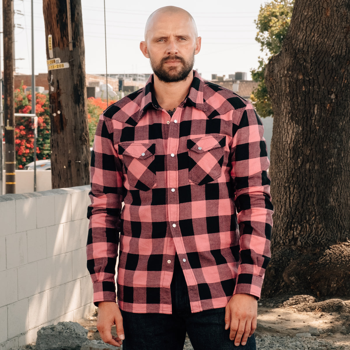 The Flat Head Block Check Western Shirt Pink/ Black FINAL SALE