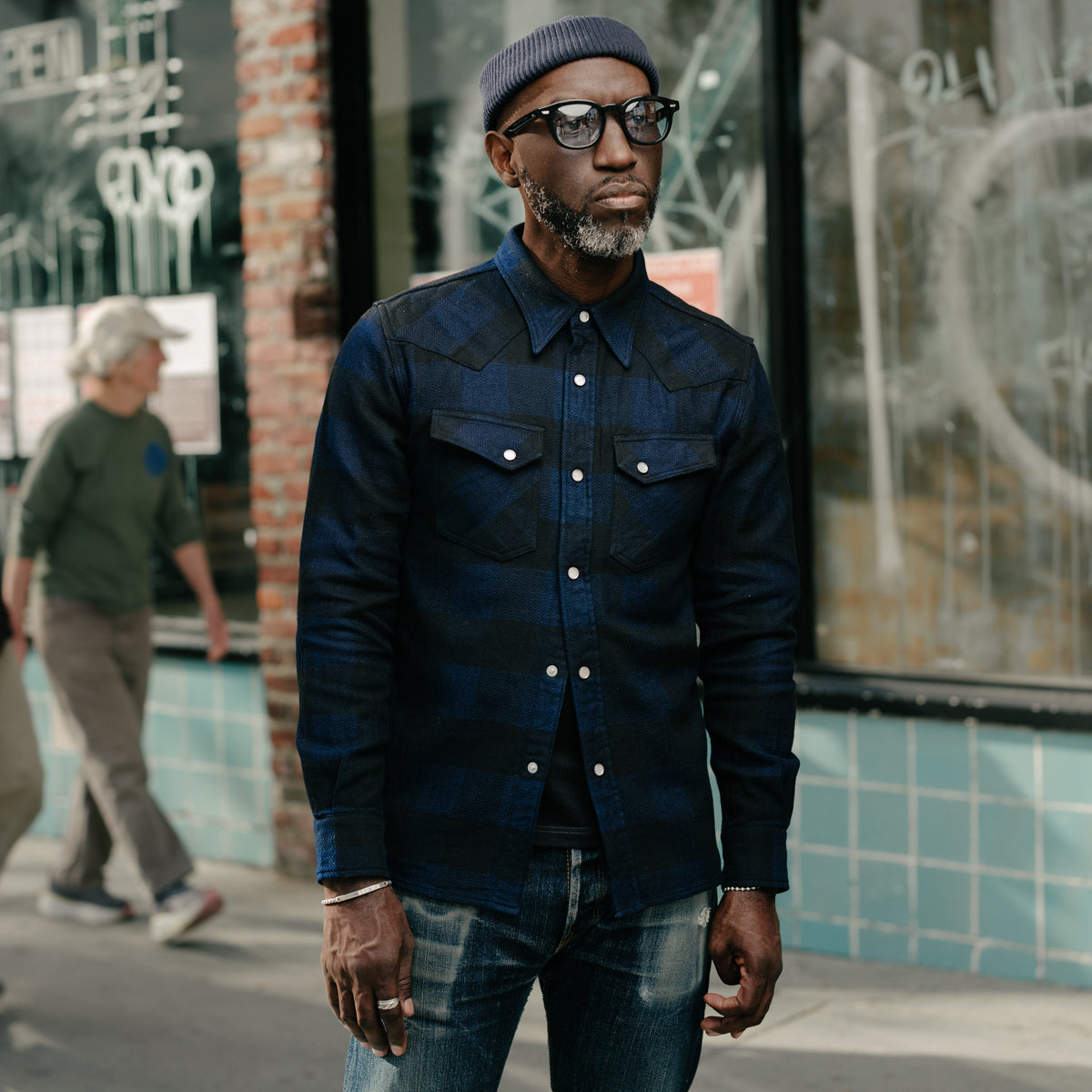 The Flat Head Block Check Flannel Western Shirt Indigo