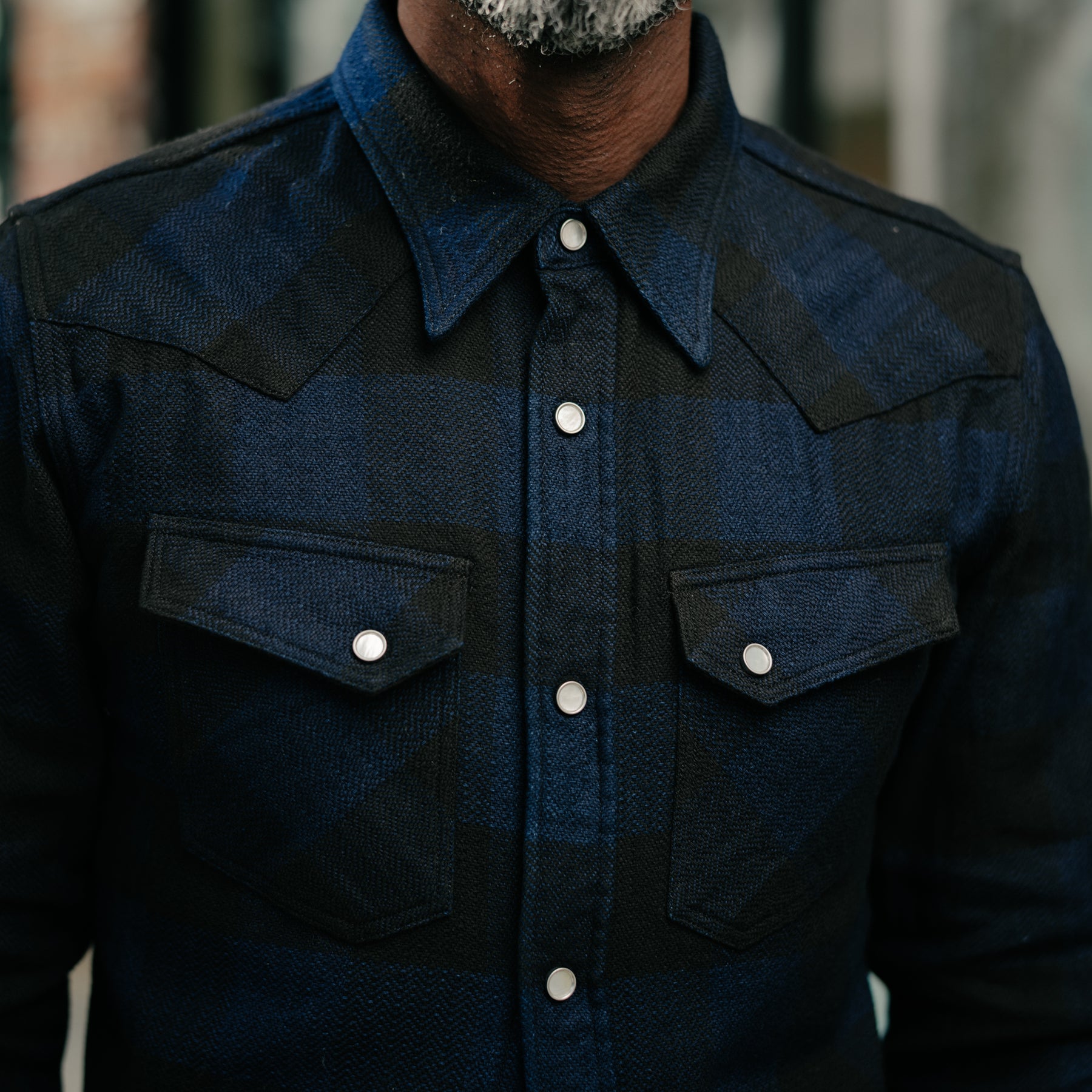 The Flat Head Block Check Flannel Western Shirt Indigo
