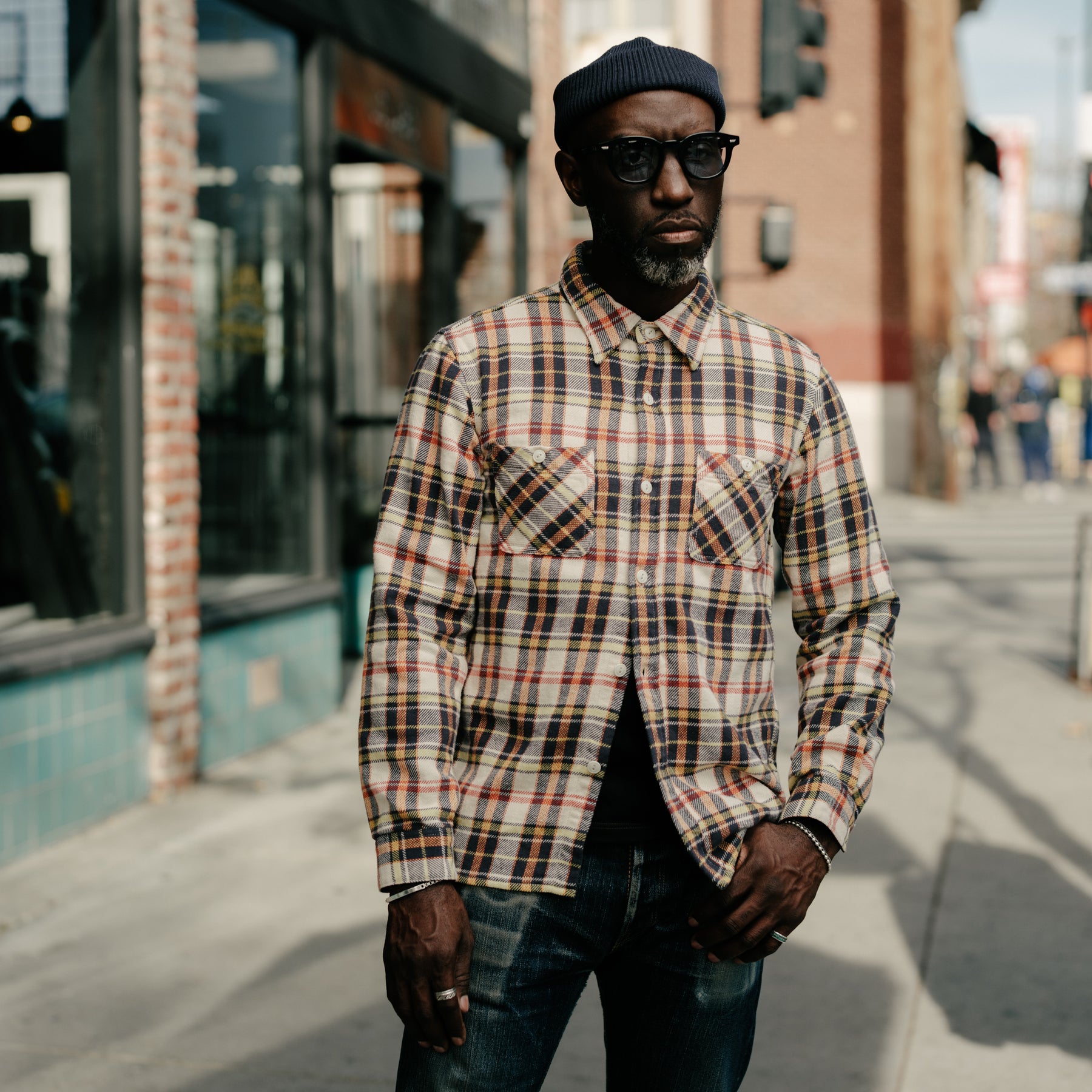 Flat Head FN-SNR-014L Flannel Check Work Shirt Ivory x Black