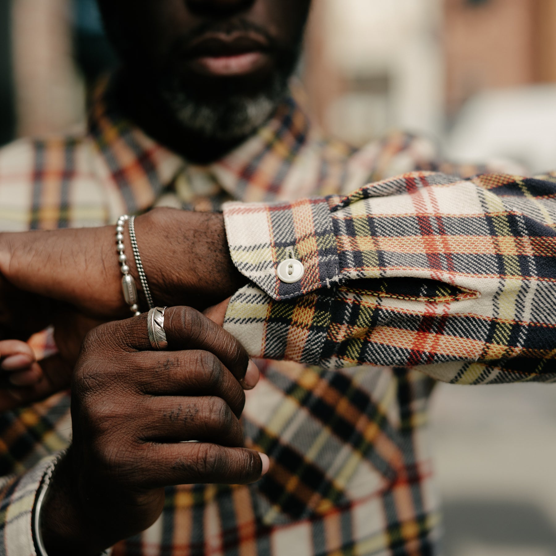 Flat Head FN-SNR-014L Flannel Check Work Shirt Ivory x Black