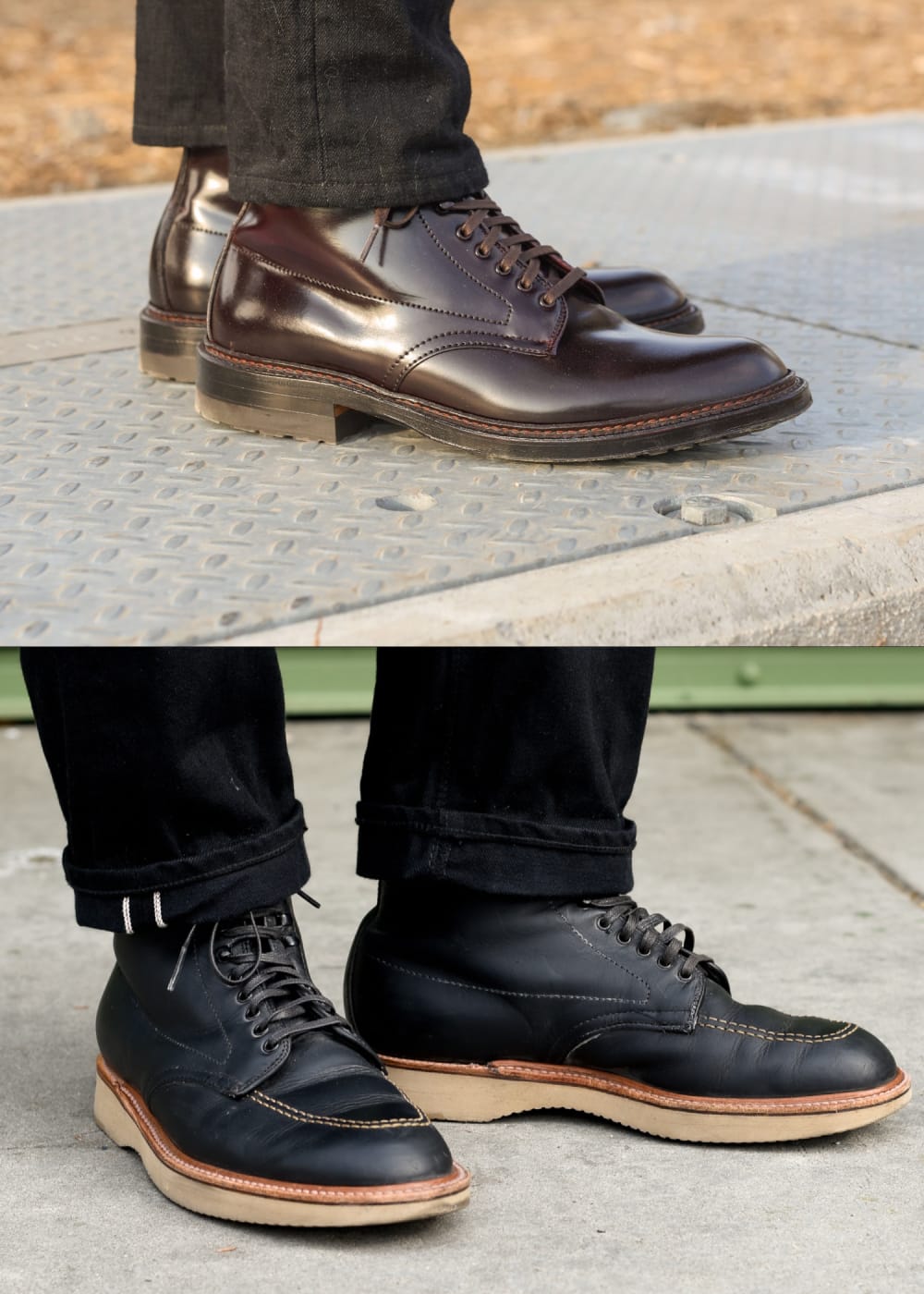 Two pairs of men's dress shoes shown on feet against different backgrounds.